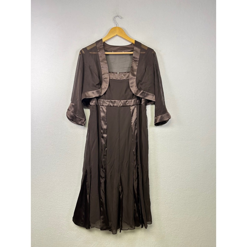 David's‎ Bridal Dress Set Women 8 Brown Satin Trim Bolero Midi Formal